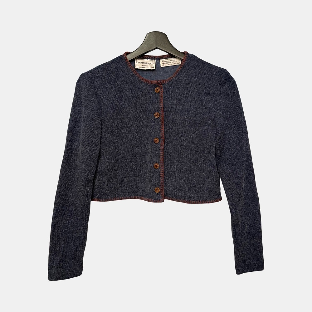 Karin Stevens Petites Vintage Ultra Cropped Cardigan Navy Blue Red Trim PS PXS